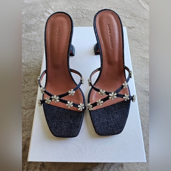 Amina Muaddi Lily Denim Slipper/Heel 70 mm, Flower crystals, Size 37.5 - Picture 1 of 12